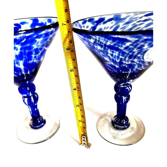 NWT - Set  2 Hand Blown Blue Confetti Martini Margarita Stem Glasses Mexican - Picture 5 of 9